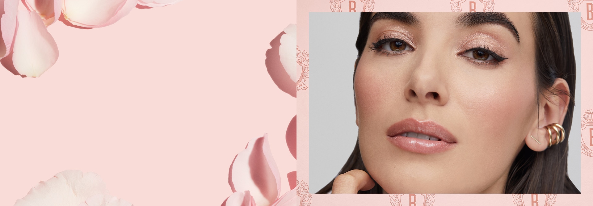 Hero banner visual showcasing bridesmaid, surrounded by rose petals